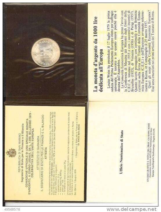 Rep.ca S. Marino 1979 - Moneta Comm.va In Argento £.1000 "europa Unita" - San Marino