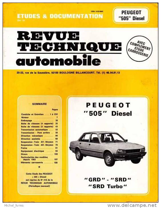 Revue Technique Automobile - RTA CIP 4182 - Peugeot 505 Diesel - 1986 - TBE - Auto