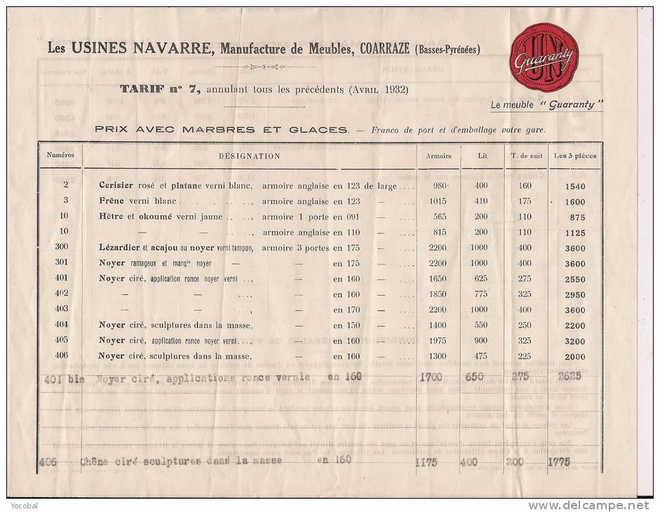 Publicité , Tarif , Usines Navarre , Manufacture De Meubles , Coarraze , Basse Pyrénées Tarif N°7 - Advertising