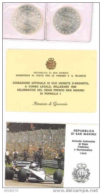 REP. S. MARINO 1989 - F1 GRAN PREMIO DI S.MARINO - DITTICO DI MONETE D'ARGENTO A CORSO LEGALE - - San Marino