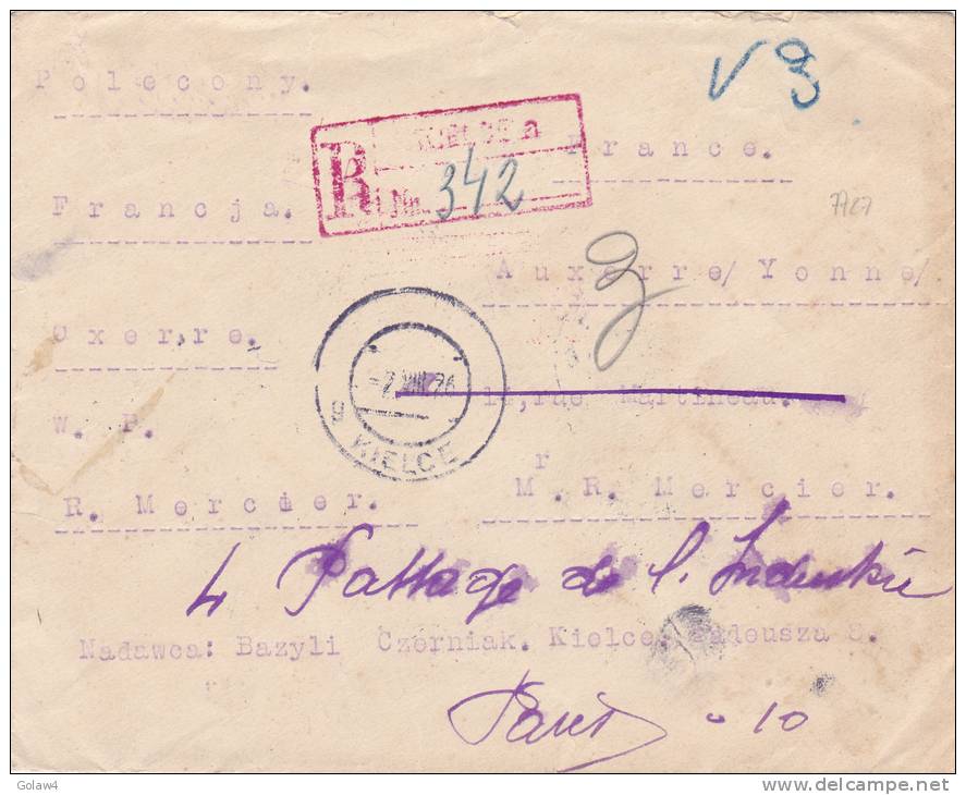 7727# POLOGNE LETTRE RECOMMANDEE POLECONY Obl KIELCE 1926 Pour AUXERRE YONNE - Lettres & Documents