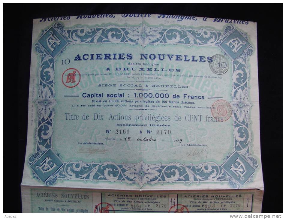 Titre De 10 Actions Privilégiées"Aciéries Nouvelles" Acier Bruxelles 1909 Bon état,avec Tous Les Coupons - Industrie