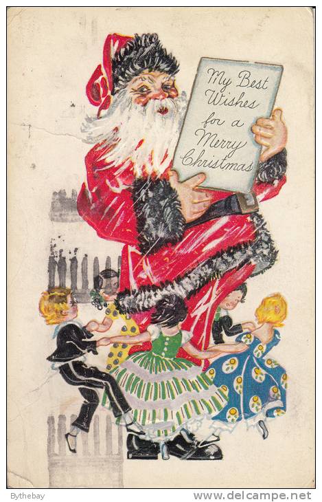 My Best Wishes For A Merry Christmas - Santa Claus With Children Dancing Around His Feet - Santa Claus