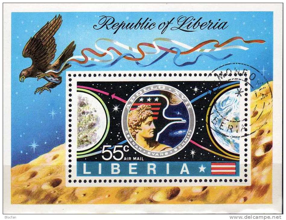 Mondflug Apollo 17 Im Jahr 1973 Liberia Block 65 O 3€ Photo Vom Mond USA-Flagge Bf Fogli Flag Bloc Space Sheet Of Africa - Liberia