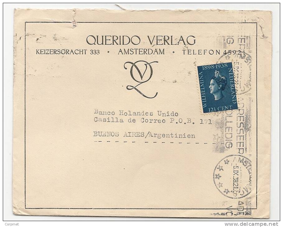 NETHERLANDS - VF 1938 COVER From AMSTERDAM To BUENOS AIRES (reception At Back)- Yvert # 311 Solo Stamp - Covers & Documents