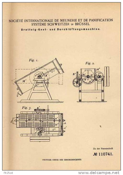 Original Patentschrift - Société De Meunerie Systéme Schweitzer In Brüssel , 1897 , Knetmaschine Für Brot , Bäckerei !!! - Machines