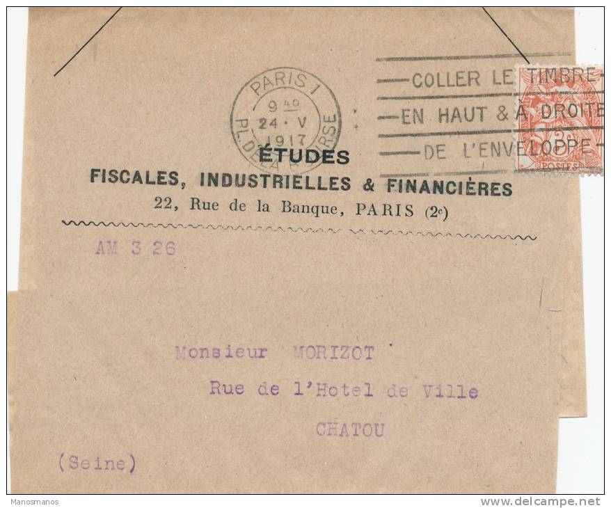 102/19 - FRANCE IMPRIME Sous Bande TP Blanc 3 C PARIS 1917 - Etudes Fiscales Et Financières - 1900-29 Blanc