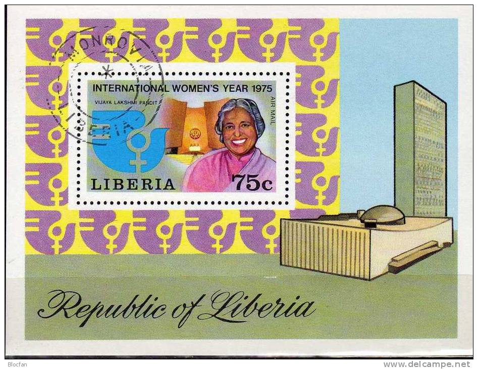 UNO-Jahr Der Frau 1975 Vijaya Lakshmi Pandit Liberia Block 75 O 1€ UN-Flagge Taube Bf Fogli Women Bloc Sheet Of Africa - Liberia