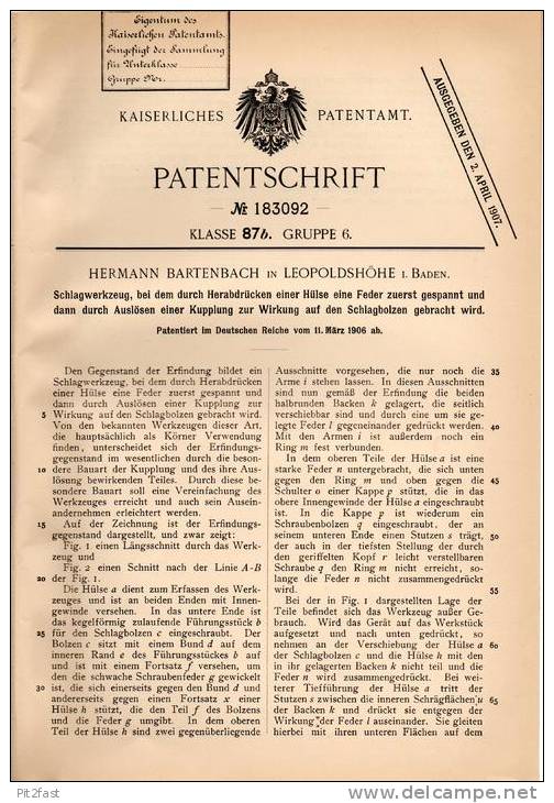 Original Patentschrift - H. Bartenbach In Leopoldshöhe , 1906 , Schlagwerkzeug !!! - Antike Werkzeuge