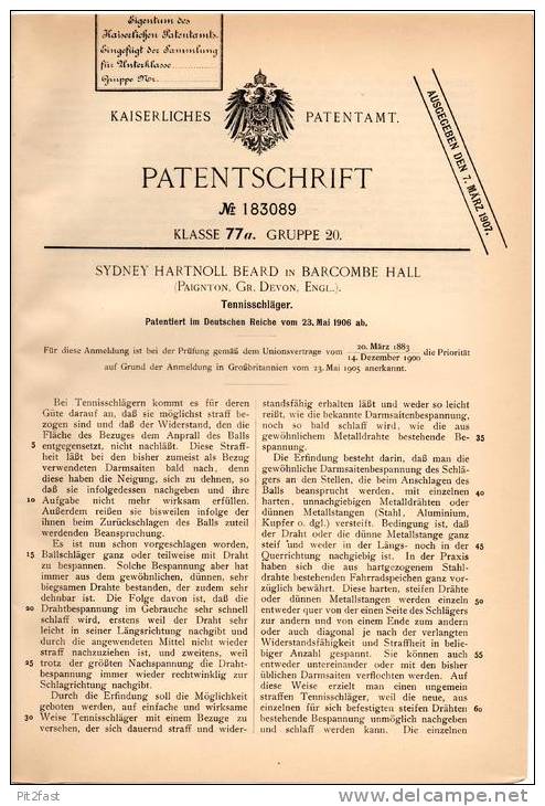 Original Patentschrift - S.H. Beard In Barcombe Hall , Gr. Devon , 1906 , Tennis , Tennisschläger !!! - Autres & Non Classés