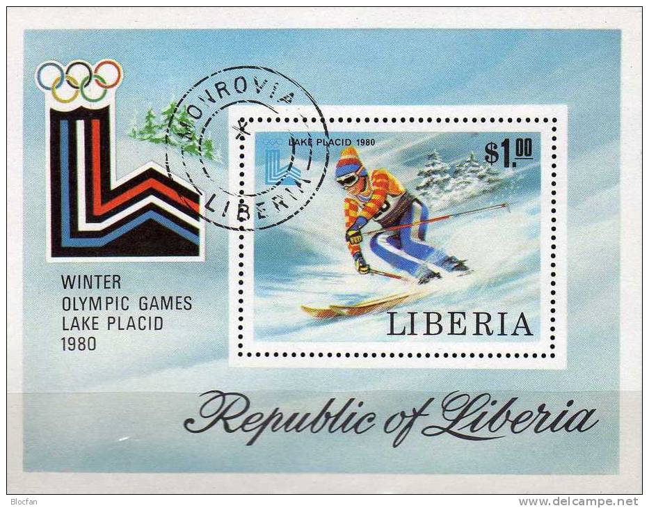 Olympiade USA Lake Placid 1980 Liberia Block 95 O 3€ Ski-Abfahrtslauf Bf Fogli Winter-sport Bloc Olympic Sheet Of Africa - Hiver 1980: Lake Placid