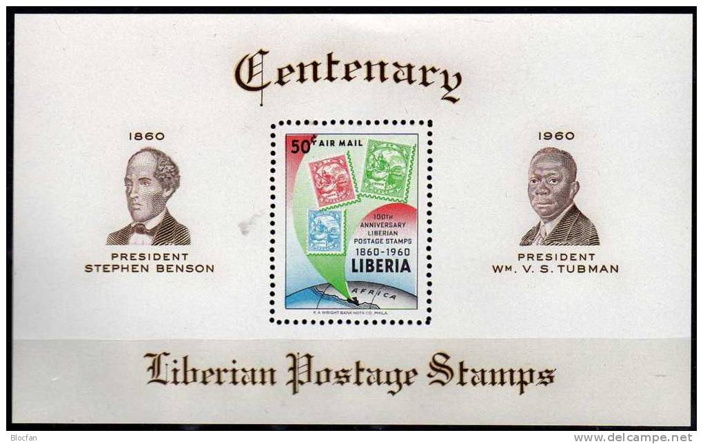 100 Jahre Briefmarke 1960 Liberia Block 17 ** 3€ Stamp On Stamp #1-3 Porträt Der Präsidenten Liberias Bf Sheet Of Africa - Liberia