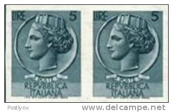 ITALY 1953. Definitive 5L. IMPERF.PAIR  [non  Dentelé,Geschnitten,no Dentado,non Dentellato,ogetande] - Errors And Curiosities