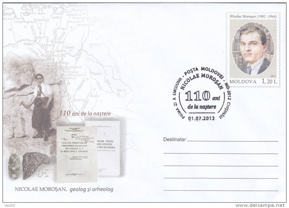 PREHISTORIC ARCHEOLOGIST AND GEOLOGIST NICOLAE MOROSAN,2012 COVER STATIONERY OBLIT.FDC MOLDOVA. - Préhistoire