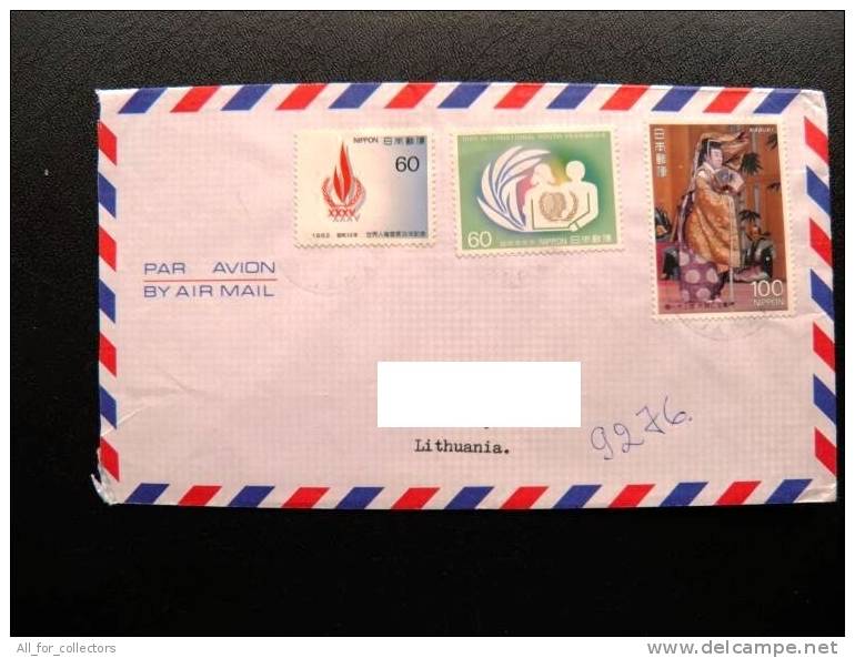 Cover Sent From Japan To Lithuania On 1992, Par Avion, Hiroshima, Kabuki Theatre, International Youht Year - Cartas & Documentos