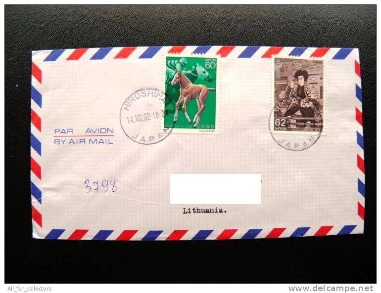 Cover Sent From Japan To Lithuania On 1992, Par Avion, Hiroshima, Kabuki Theatre, Horse Rider Sport - Covers & Documents