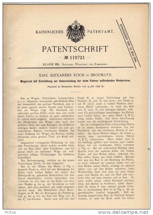 Original Patentschrift - Rad Für Überwindung Von Hindernissen , Automobile , 1898 , K. Koch In Brooklyn !!! - Cars