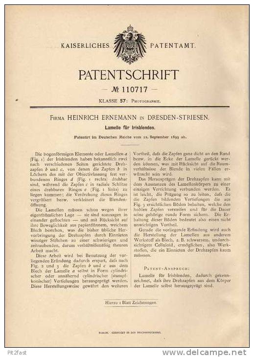 Original Patentschrift - Fa. H. Ernemann In Dresden - Striesen , 1899 , Lamelle Für Irisblenden !!! - Prismes