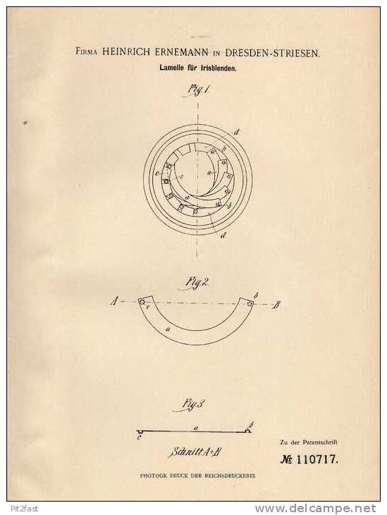 Original Patentschrift - Fa. H. Ernemann In Dresden - Striesen , 1899 , Lamelle Für Irisblenden !!! - Prismes