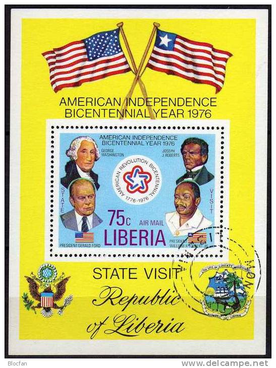 200 Jahre USA 1976 Präsident Liberia Block 83 O 3&euro; Flaggen Washington Ford Emblem History Bloc Flag Sheet Bf Africa - Liberia