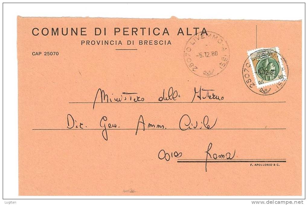 PERTICA ALTA  25070  PROV. BRESCIA  - ANNO 1980 - LS -  TEMA TOPIC COMUNI D'ITALIA - STORIA POSTALE - Macchine Per Obliterare (EMA)