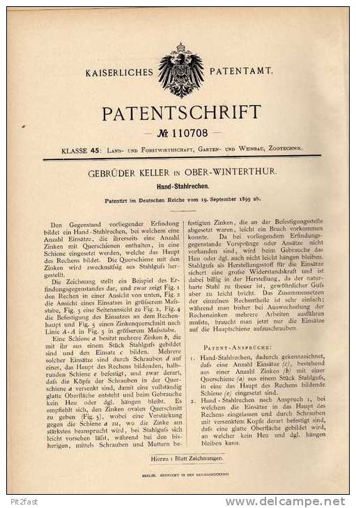 Original Patentschrift - Gebr. Keller In Ober - Winterthur , 1899 , Rechen , Stahlrechen , Landwirtschaft !!! - Historische Dokumente