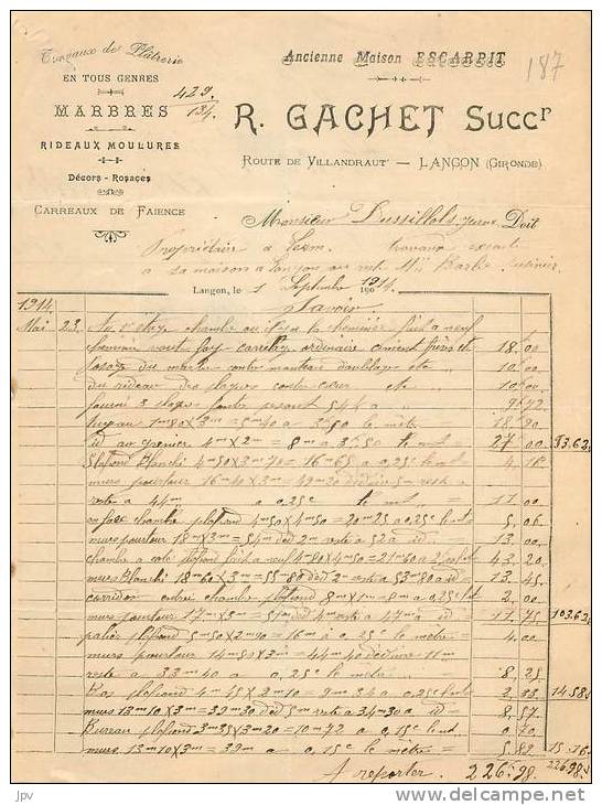 FACTURE LETTRE : LANGON  . R. GACHET SUCCESSEUR . TRAVAUX DE PLATRERIE . 1914 . - Other & Unclassified