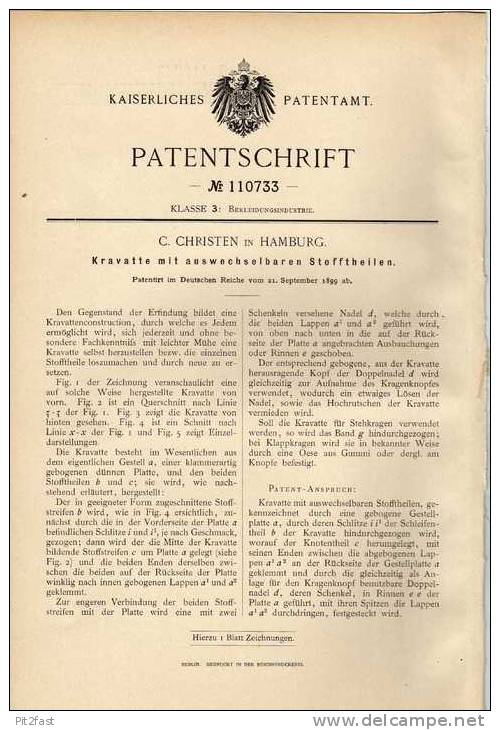 Original Patentschrift - Kravatte Mit Wechselbaren Stofftheilen , 1899 , C. Christen In Hamburg !!! - Cravates