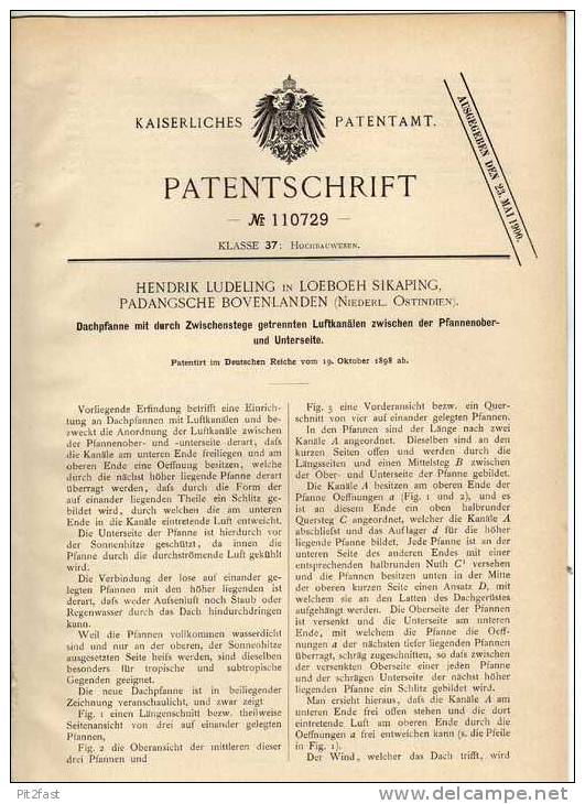 Original Patentschrift - H. Ludeling In Loeboeh Sikaping , Padangsche Bovenlanden , Niederl. Indien , 1898 , Dachpfanne - Architecture