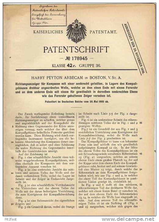 Original Patentschrift - H. Arbecam In Boston , 1905 , Richtungsanzeiger Für Kompass , Compass !!! - Tecnica & Strumenti Nautici