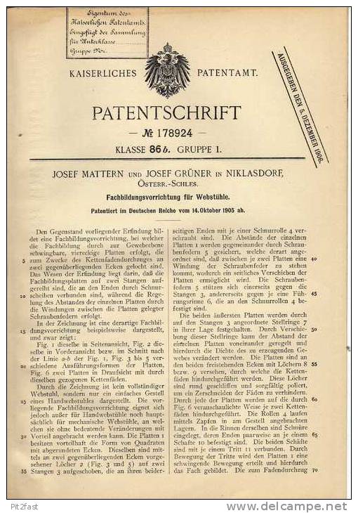Original Patentschrift -  J. Mattern In Niklasdorf , Österr.-Schles., 1905 , Vorrichtung Für Webstuhl , Weberei !!! - Historische Dokumente
