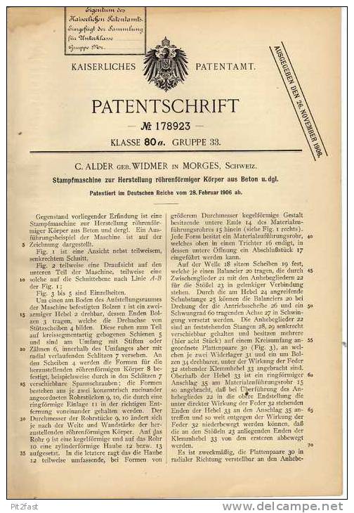 Original Patentschrift - C. Alder In Morges , 1906 , Stampfmaschine Für Röhren Aus Beton !!! - Machines