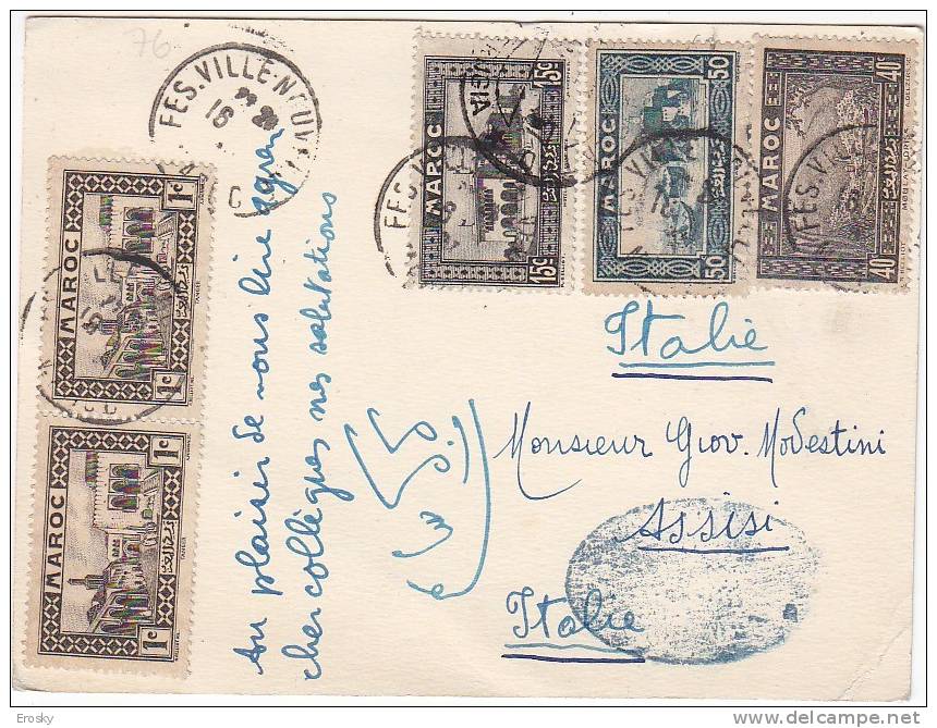 F1338 - COLONIES FRANCAISES MAROC CARTE POSTALE DE FES A L'ITALIE 1938 - Lettres & Documents