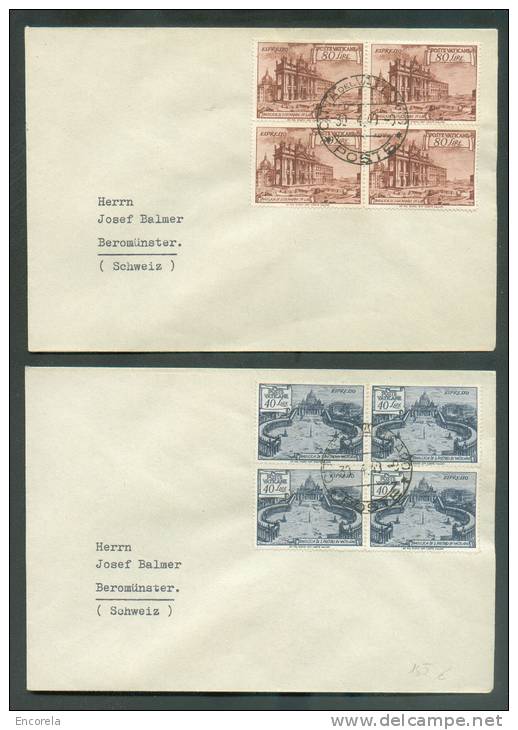 EXPRESSO N°11/12 En Blocs De 4 Obl. Dc POSTE CITTA DEL VATICANO S/2 Lettres 31-4-1949 Vers Beromünster (Suisse).  Superb - Priority Mail