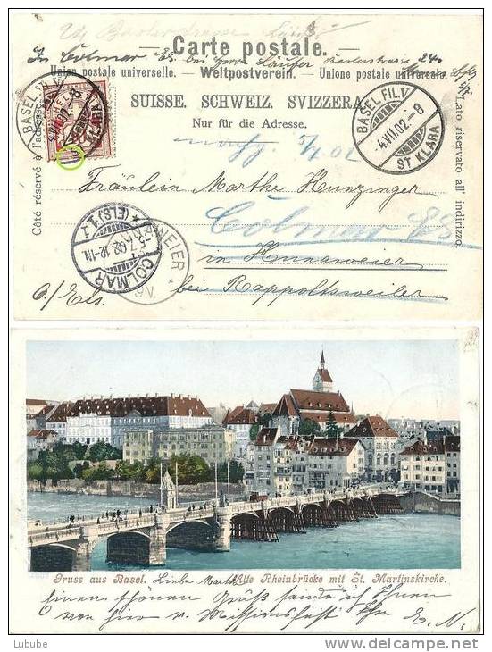 AK  Basel - Hunaweier - Colmar  (Markenabart Ziffer)              1902 - Abarten