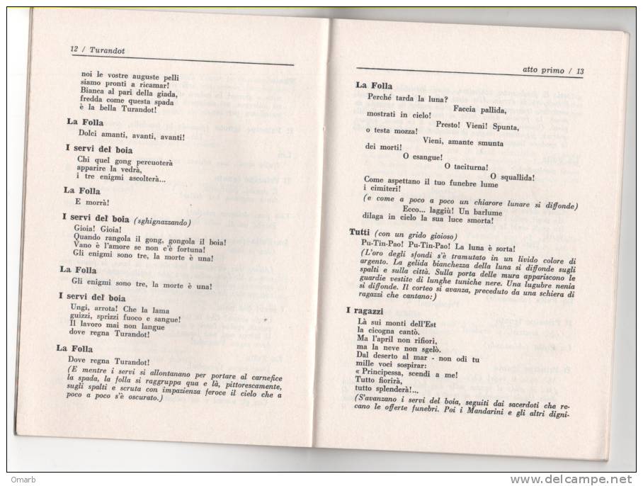 Lib088 Libretto Opera Lirica TURANDOT - Testo Adami, Simoni - Musica Puccini - Ricordi 1966 - Théâtre