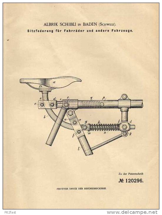 Original Patentschrift - A. Schibli In Baden , Schweiz , 1900 , Federung Für Sitz , Fahrrad , Motorrad !!! - Motorfietsen