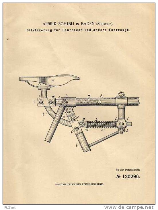 Original Patentschrift - A. Schibli In Baden , Schweiz , 1900 , Federung Für Sitz , Fahrrad , Motorrad !!! - Motos