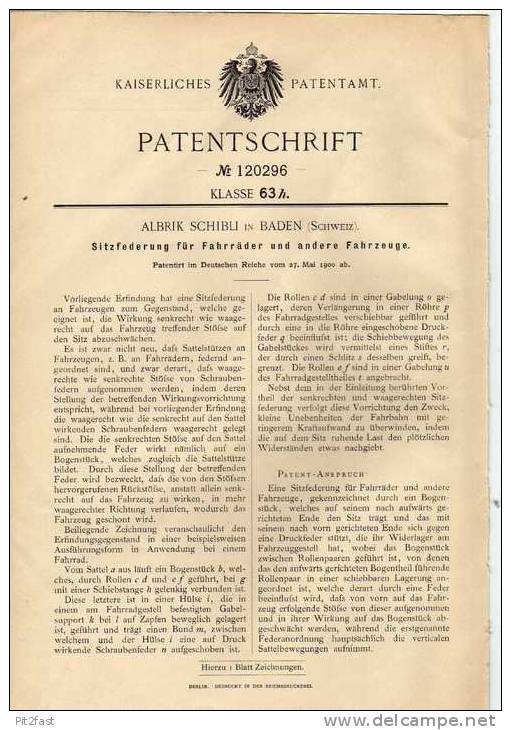 Original Patentschrift - A. Schibli In Baden , Schweiz , 1900 , Federung Für Sitz , Fahrrad , Motorrad !!! - Moto
