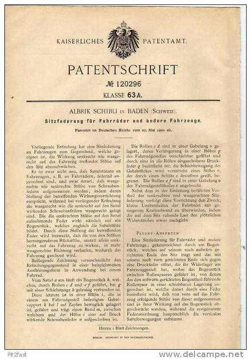 Original Patentschrift - A. Schibli In Baden , Schweiz , 1900 , Federung Für Sitz , Fahrrad , Motorrad !!! - Motos