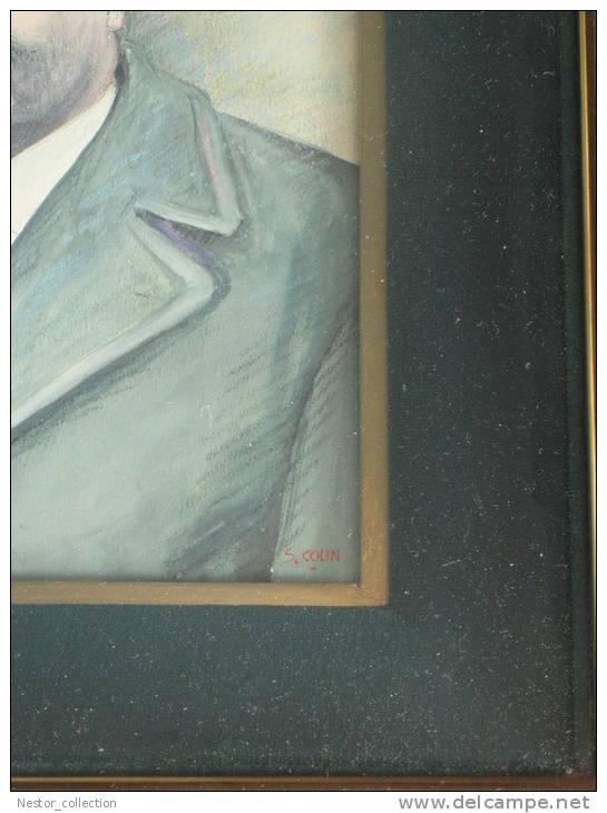 Pastel Portrait Homme Signé S. Colin Encadré Dessin Cadre Tableau Peinture - Pastell