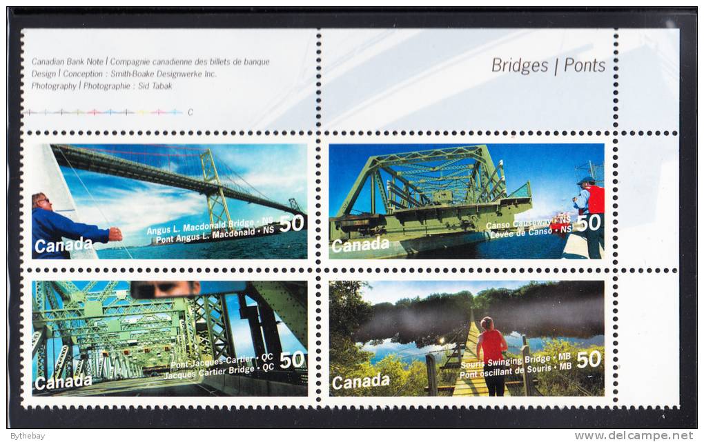 Canada MNH Scott #2103a Upper Right Plate Block 50c Canadian Bridges - Plate Number & Inscriptions