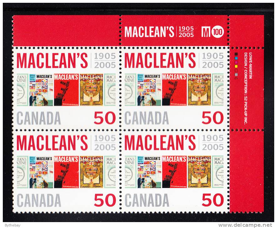 Canada MNH Scott #2104 Upper Right Plate Block 50c MacLean´s Magazine 100th Anniversary - Num. Planches & Inscriptions Marge