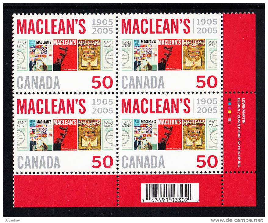 Canada MNH Scott #2104 Lower Right Plate Block 50c MacLean´s Magazine 100th Anniversary - With UPC Barcode - Num. Planches & Inscriptions Marge