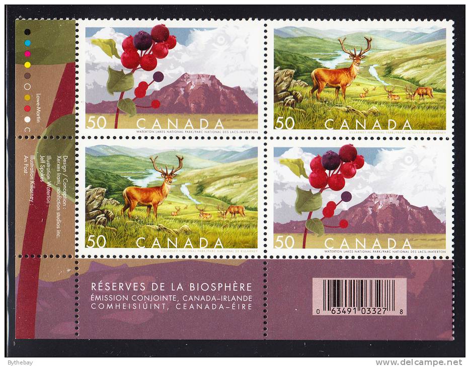 Canada MNH Scott #2106a Lower Left Plate Block 50c Biosphere Reserves - Joint With Ireland - With UPC Barcode - Plate Number & Inscriptions