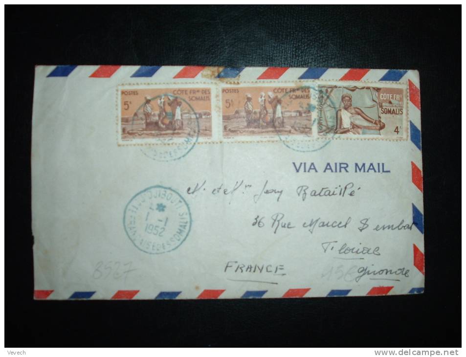 LETTRE PAR AVION POUR LA FRANCE TP 5 F X2 + 4 F OBL. BLEUE 1-1-1952 DJIBOUTI (PREMIER JANVIER JOUR DE L'AN) - Lettres & Documents
