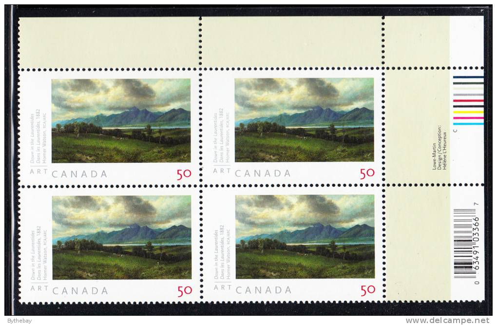 Canada MNH Scott #2109 Upper Right Plate Block 50c Art Canada - Homer Watson - With UPC Barcode - Num. Planches & Inscriptions Marge