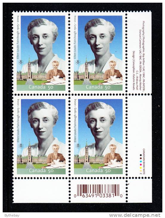 Canada MNH Scott #2112 Lower Right Plate Block 50c Ellen Fairclough - With UPC Barcode - Plate Number & Inscriptions