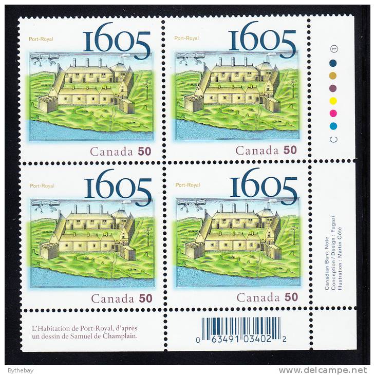 Canada MNH Scott #2115i Lower Right Plate Block 50c Port-Royal 400th Anniversary Variety - With UPC Barcode - Num. Planches & Inscriptions Marge
