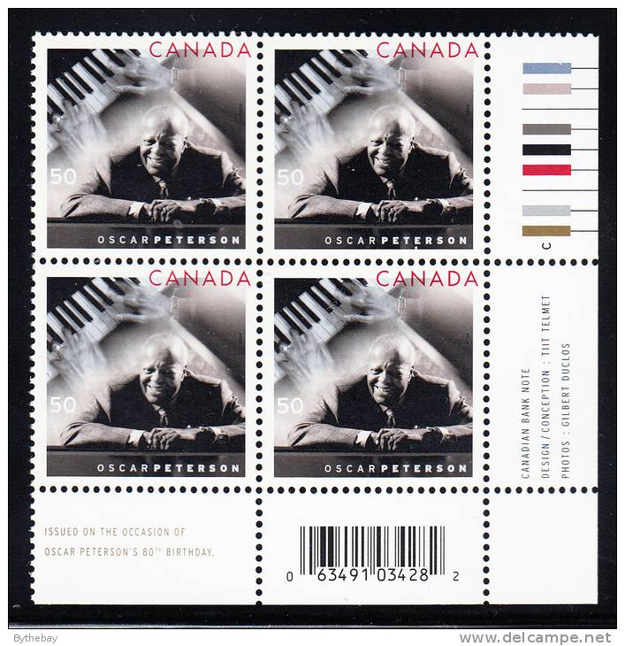 Canada MNH Scott #2118 Lower Right Plate Block 50c Oscar Peterson - With UPC Barcode - Num. Planches & Inscriptions Marge